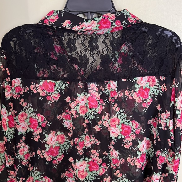 Western Floral long sleeve blouse sheer XXL 2XL Romantic lace buttons fairygoth - Picture 1 of 15